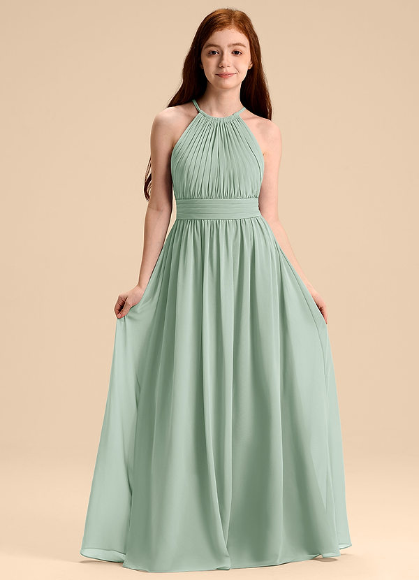 Azazie Malone Junior Abito A-Line in Chiffon Plissettato Agave image1