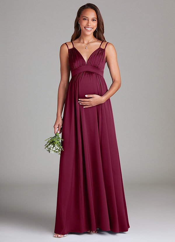 Azazie Emree Gravid brudtärna Klänningar Klänning A-Linje med fickor Golvlängd Stretch Satin image1
