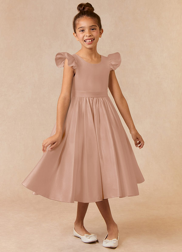 Azazie Violeta Flower Girl Dresses Champagne Rose Ball-Gown Bow Matte Satin Dress image1