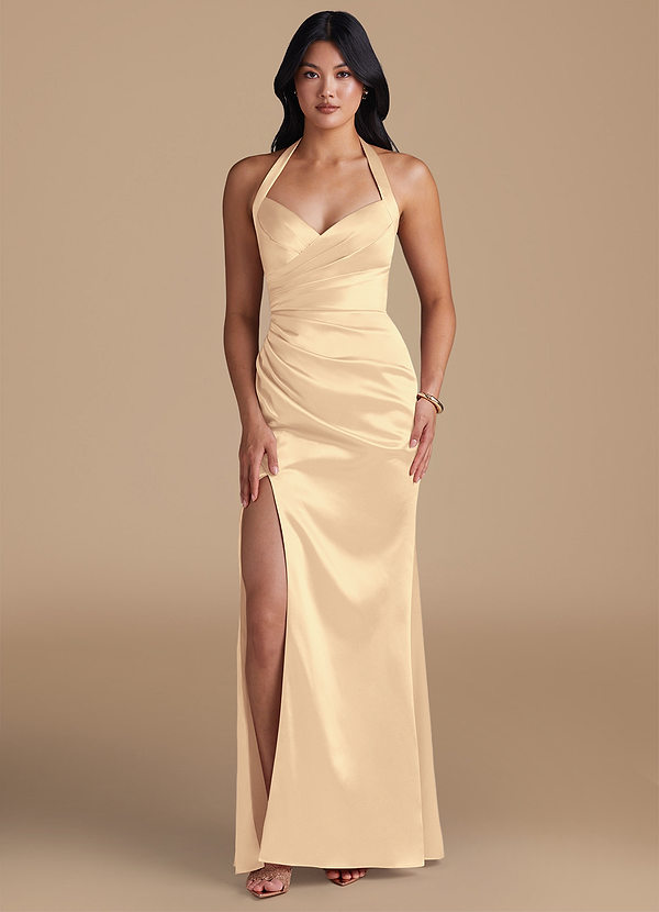 Azazie Emeria Bridesmaid Dresses Gold Sheath Side Slit Metallic Satin Dress image1