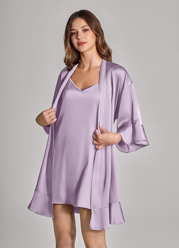 front Lilac 2-Piece Ruffle Satin Robe and Slip Set