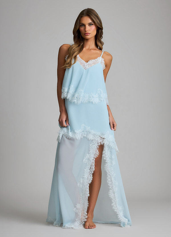 front Nebel Chiffon-Brautmorgenmantel/Nachthemd mit Spitzenbesatz, V-Ausschnitt, Seitenschlitz und langem Unterkleid