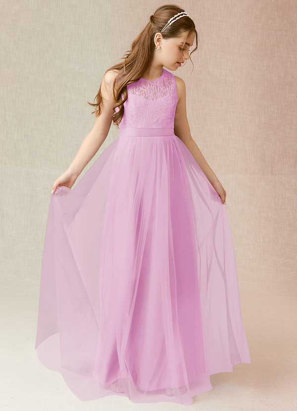 Azazie Georgette Junior Candy Pink A-Line Lace Tulle Dress image1
