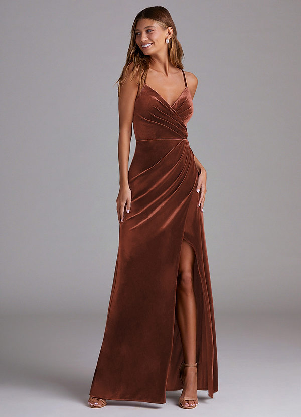 Azazie Maci Bridesmaid Dresses Terracotta Sheath Pleated Velvet Dress image1