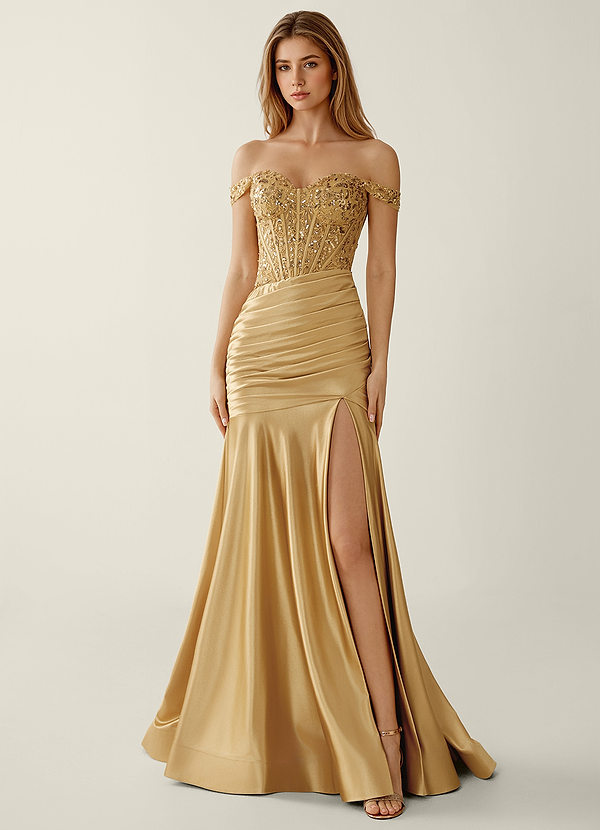 Briareny Żółty Suknia balowa z koronki, haftu cekinowego i elastycznej satyny image1