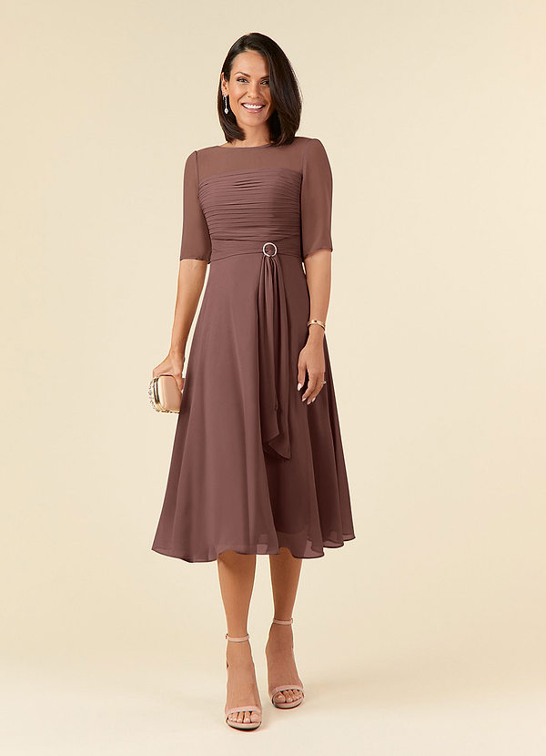 Azazie Naomi Mother of the Brides Dresses Espresso A-Line Boatneck Pleated Chiffon Dress image1
