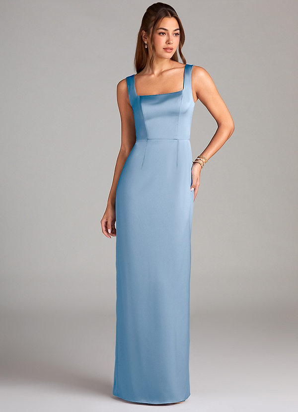 Azazie Flori Bridesmaid Dresses Powder Blue Sheath Side Slit Stretch Satin Dress image1