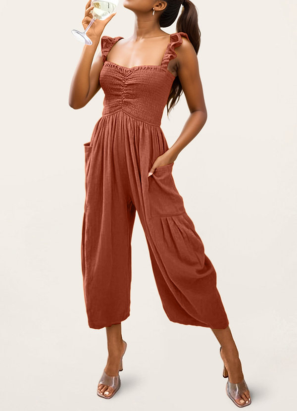 front Cool To Be Casual Brown Smocked Sleeveless Jogger Jumpsuit