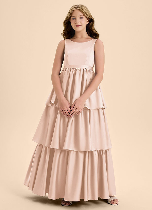 Azazie Meadowyn Junior Blushing Pink A-Line Bow Stretch Satin Dress image1