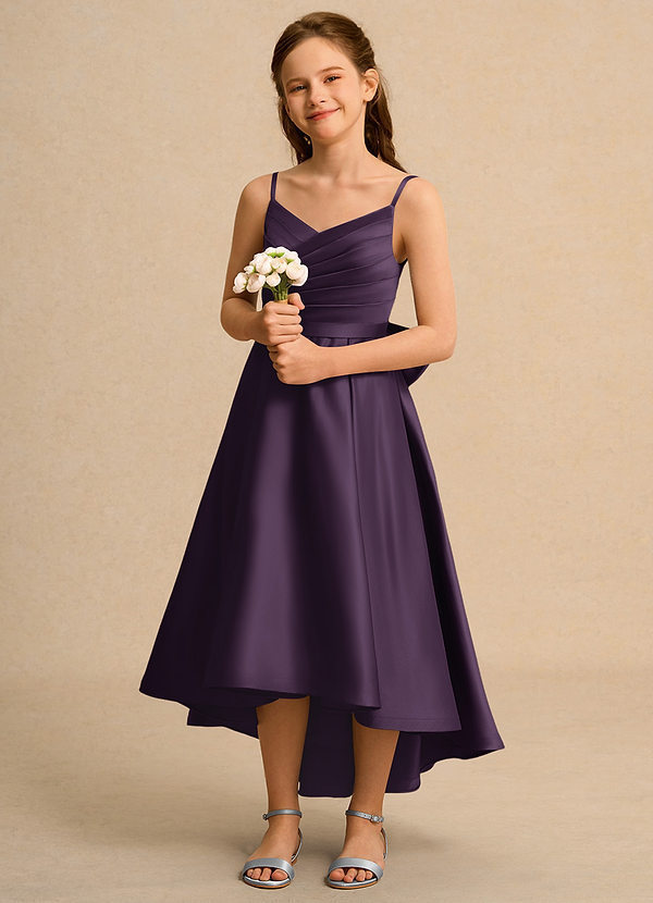Azazie Sweets Junior Formal Flower Girl Dresses Vestido de Ciruela de Satin Mate de Corte En A con Plisado image1