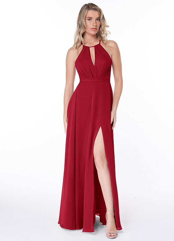 Azazie Evalleen Robes Demoiselle d'honneur Robe Trapèze en Mousseline de soie Plissée Écarlate image1