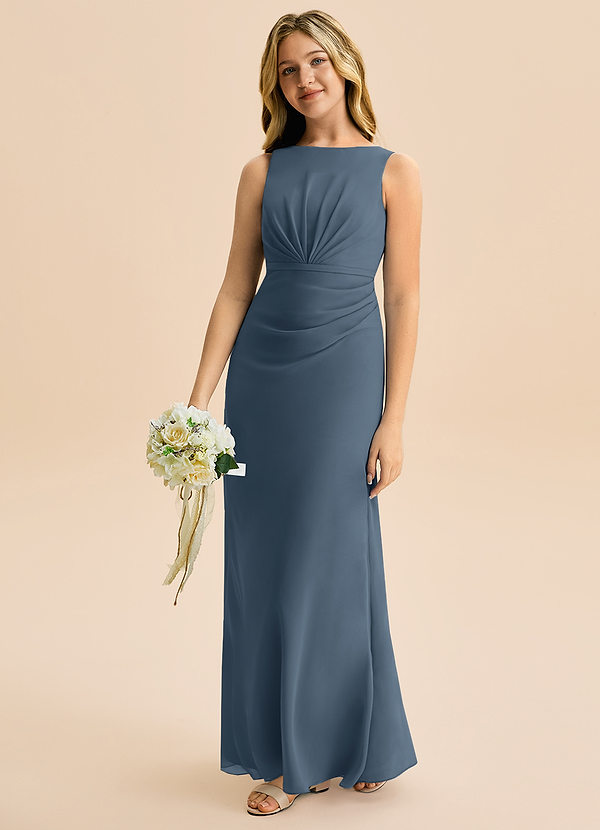 Azazie Floris Junior Jurk van Chiffon met A-Lijn Geplooid Neptunus image1