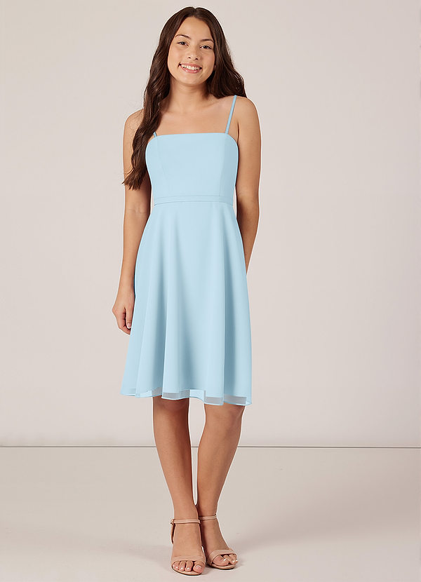 Azazie Kalie Junior Sky Blue A-Line with Belt Chiffon Dress image1
