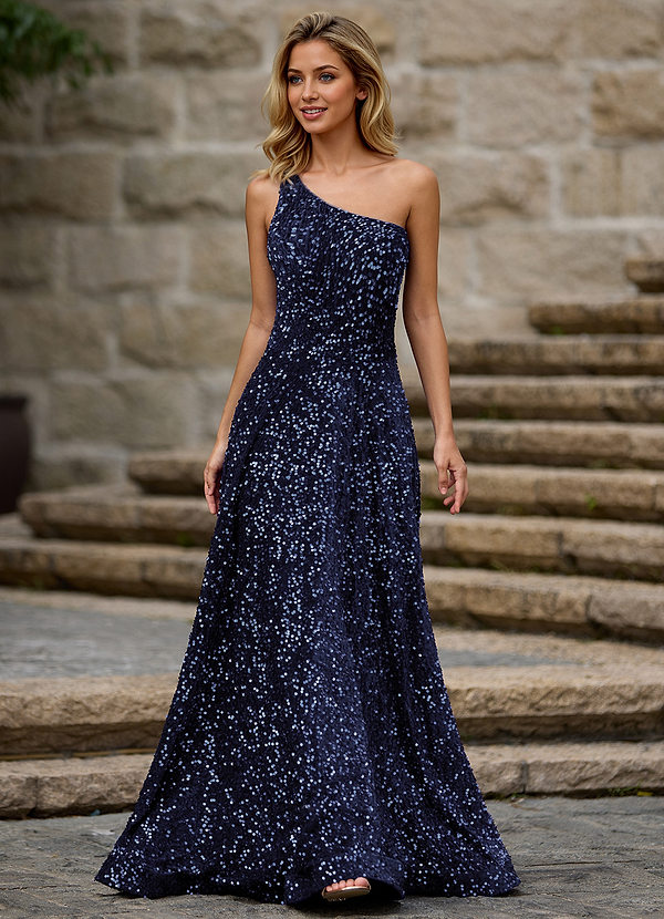 Opulent Navy A-line One-Shoulder Velvet Sequins Floor-Length Prom Dress with Pockets image1