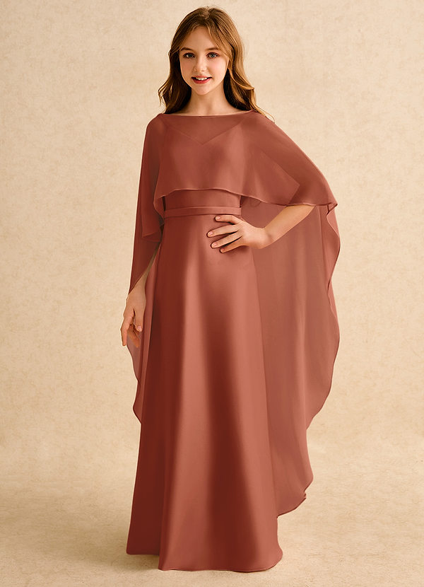 Azazie Fishie Girls Formal Robes de Fillette d'Honneur Robe Trapèze en Mat Satiné Auburn image1