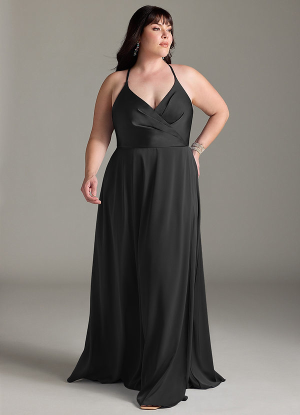 Azazie Davis Bridesmaid Dresses Black A-Line Pleated Stretch Satin Dress image1