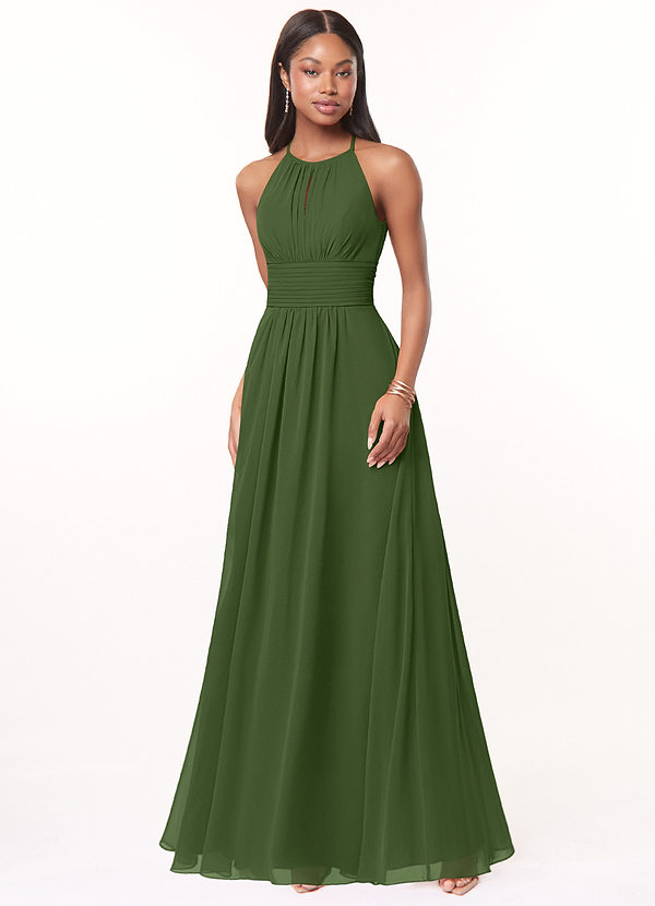 Azazie Bonnie Bridesmaid Dresses Olive A-Line Keyhole Ruched Chiffon Dress image1