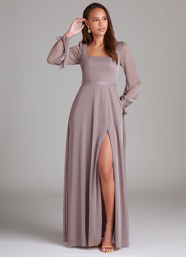 Azazie Leonia Bridesmaid Dresses Dusk A-Line Long Sleeve Mesh Dress image1