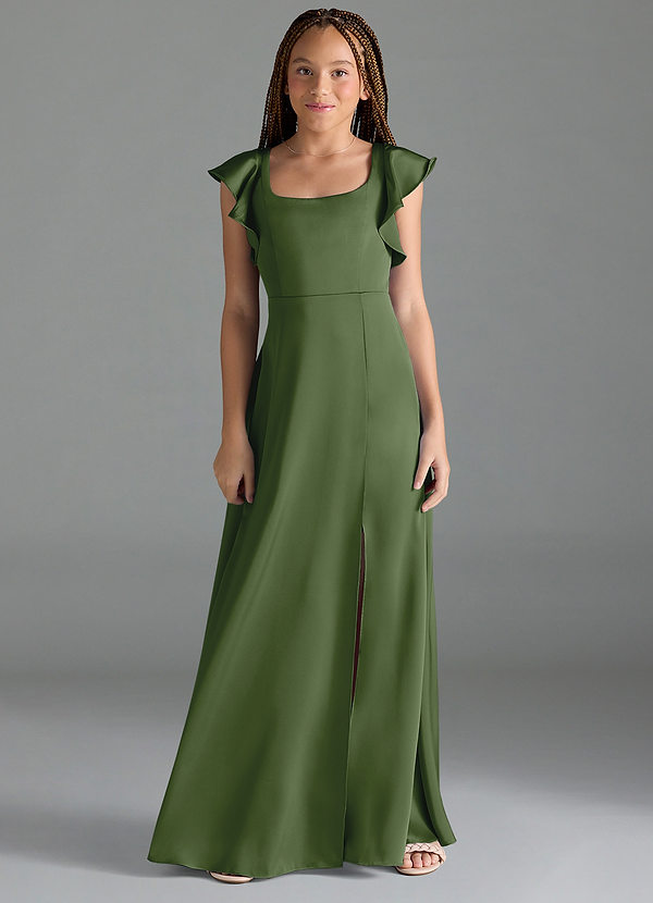 Azazie Bondi Junior Juniper A-Line Side Slit Stretch Satin Dress image1