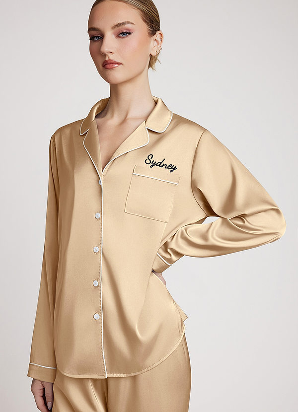 front Champagner Personalisierter, bestickter, gerüschter Langarm-Pyjama-Satz