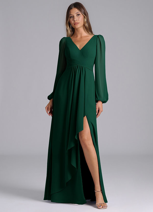 Azazie Liah Bridesmaid Dresses Emerald A-Line Long Sleeve Chiffon Dress image1