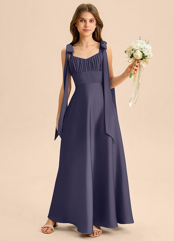 Azazie Halley Junior Vestido de Tormenta de Satén Elástico de Corte en A con Lazo image1