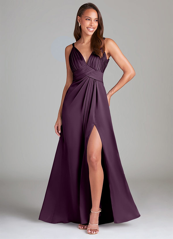 Azazie Maren Allure Bridesmaid Dresses Plum A-Line Lace Stretch Satin Dress image1