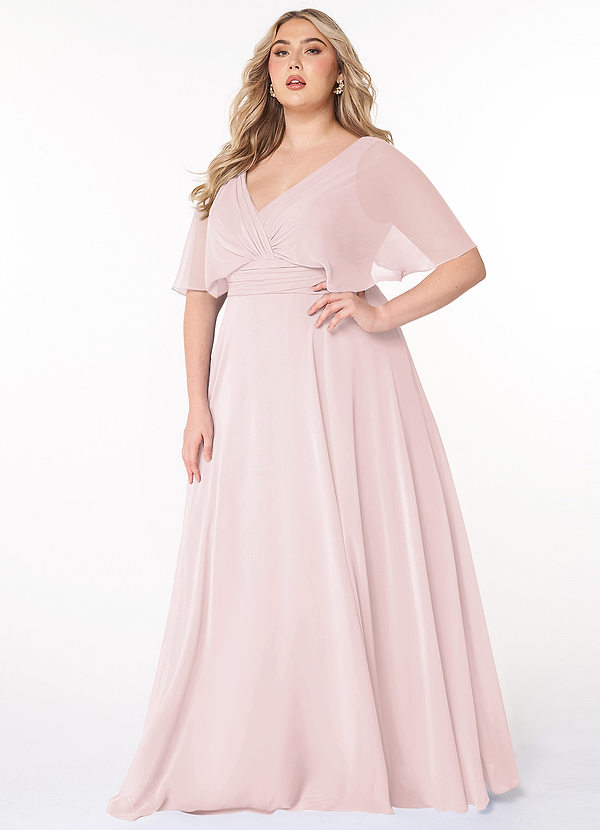 Azazie Pamela Bridesmaid Dresses Blushing Pink A-Line V-Neck Pleated Chiffon Dress image1