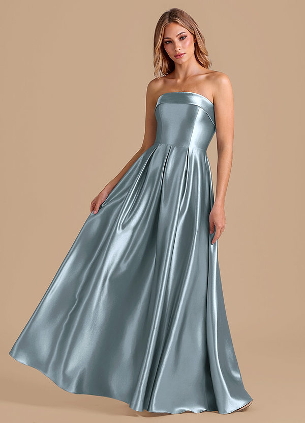 Azazie Lucienne Bridesmaid Dresses Dusty Blue A-Line Pleated Metallic Satin Dress image1
