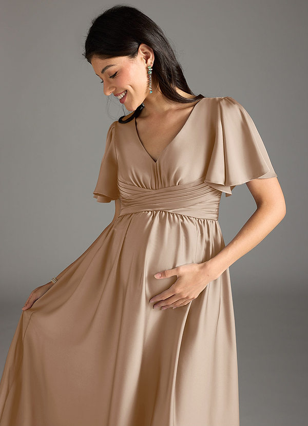Azazie Verna Maternity Bridesmaid Dresses A-Line Ruched Stretch Satin Floor-Length Dress image1