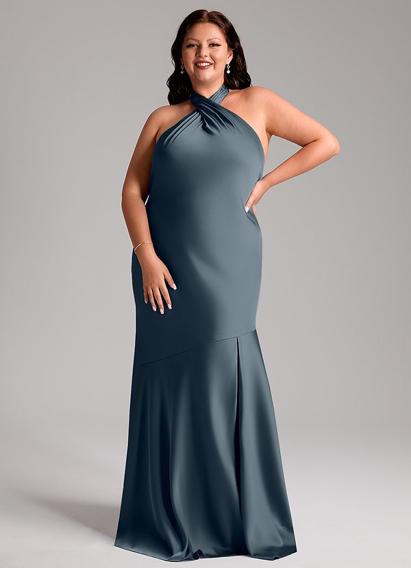 Azazie Lorena Robes Demoiselle d'honneur Robe Sirène en Satin extensible Plissée Violet Crépusculaire image1