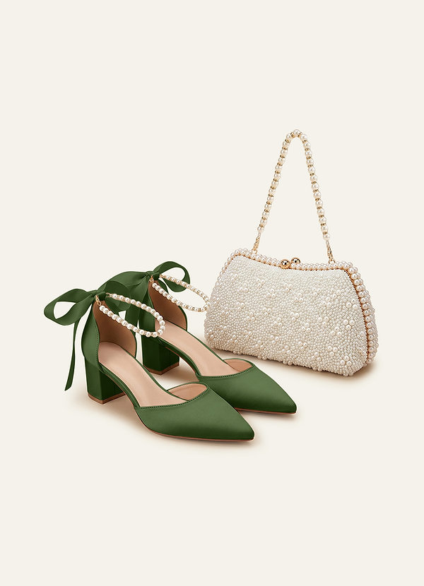 front Matching Color Matte Satin Pearl and Bow Pointed Toe Block Heels & Beaded Clutch Set