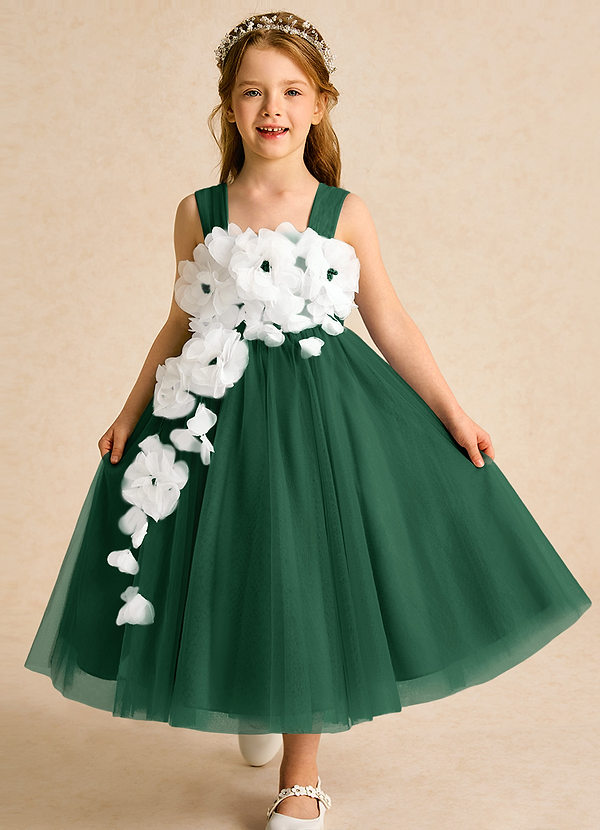 Azazie Dovey Abiti da Ragazza di Fiori Abito Principessa in Tulle Fiocco Verde Scuro image1
