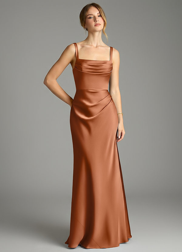 Azazie Alouette Bridesmaid Dresses Copper Mermaid Pleated Stretch Satin Dress image1