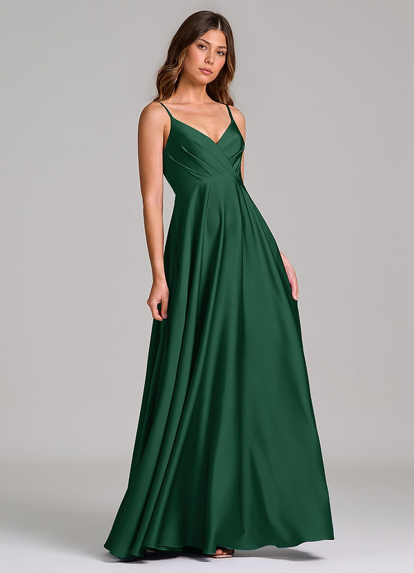 Azazie Amani Bridesmaid Dresses Dark Green A-Line Pleated Stretch Satin Dress image1