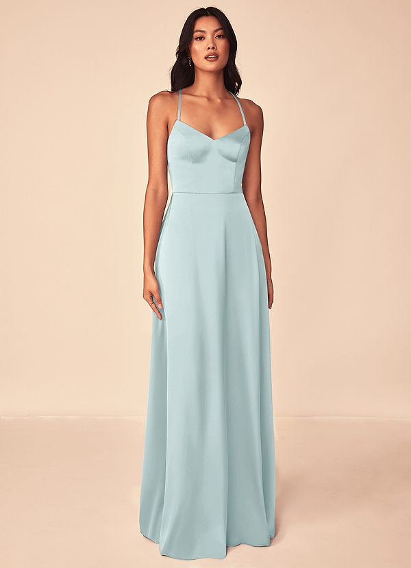 Azazie Mei Bridesmaid Dresses Mist A-Line V-Neck Stretch Satin Dress image1