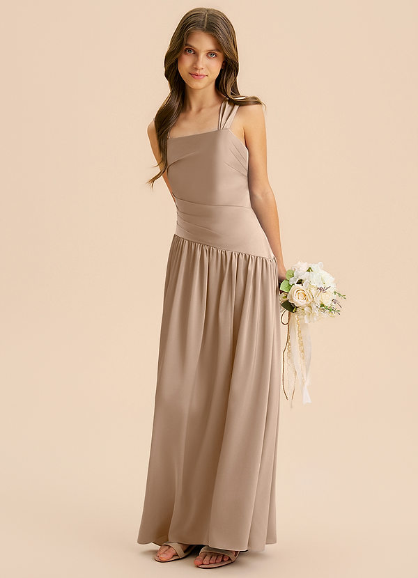 Azazie Dotty Junior Taupe A-Line Pleated Stretch Satin Dress image1