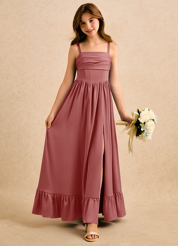 Azazie Maisie Girls Formal Sukienki dla dziewczynek sypiących kwiaty Linia A Marszczony Satyna elastyczna Długość podłogi Sukienka image1