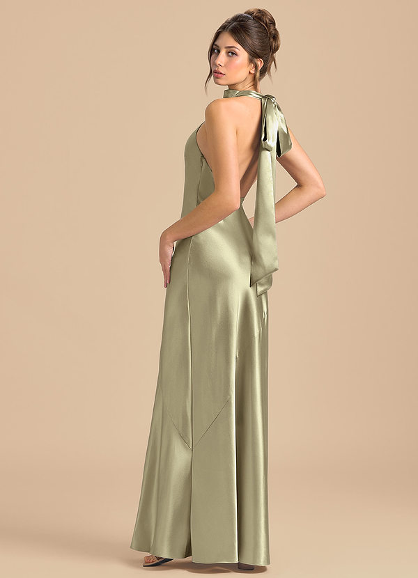 Azazie Velli Robes Demoiselle d'honneur Robe Fourreau en Satiné métallisé Col Haut Vert Mousse image1