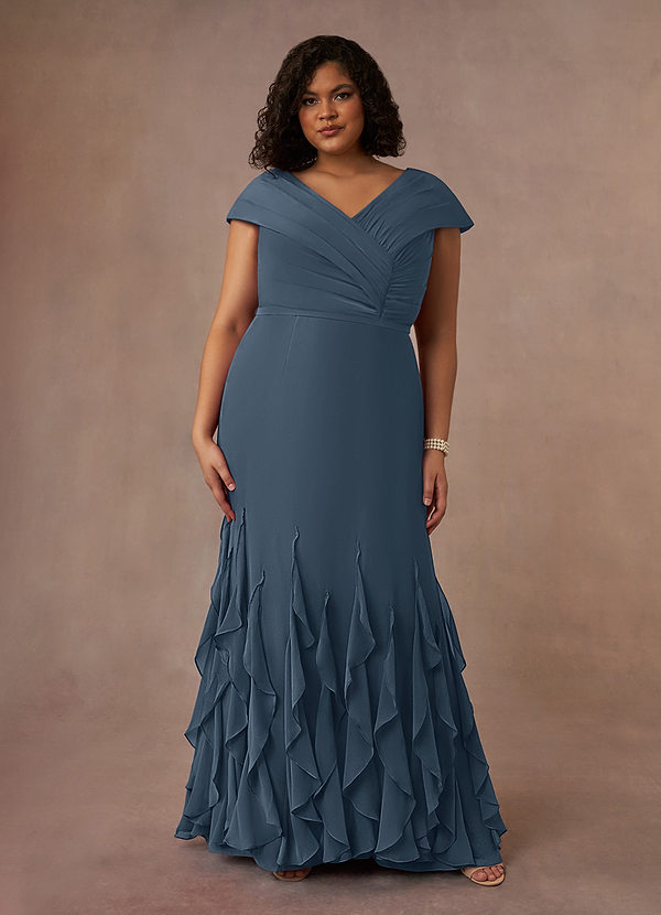 Azazie Bailora Brautmutterkleider Meerjungfrau-Linie Gestreift Chiffon Kleid Neptunblau image1