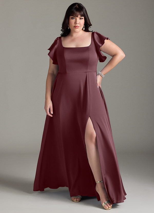 Azazie Bondi Bridesmaid Dresses Sangria A-Line Bow Stretch Satin Dress image1