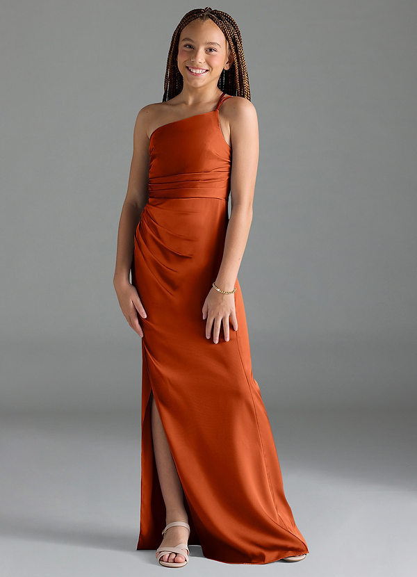 Azazie Eren Junior Paprika Sheath Pleated Stretch Satin Dress image1