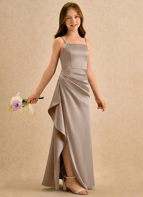 Azazie Cannoli Girls Formal Flower Girl Dresses Taupe A-Line Pleated Stretch Satin Dress image1