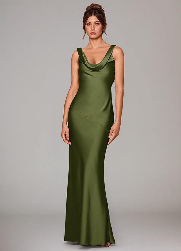 Azazie Rylina Bridesmaid Dresses Olive Mermaid Stretch Satin Dress image1