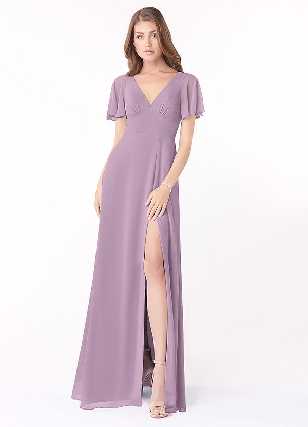 Azazie Kimber Bridesmaid Dresses Wisteria A-Line Flounce Sleeve Chiffon Dress image1