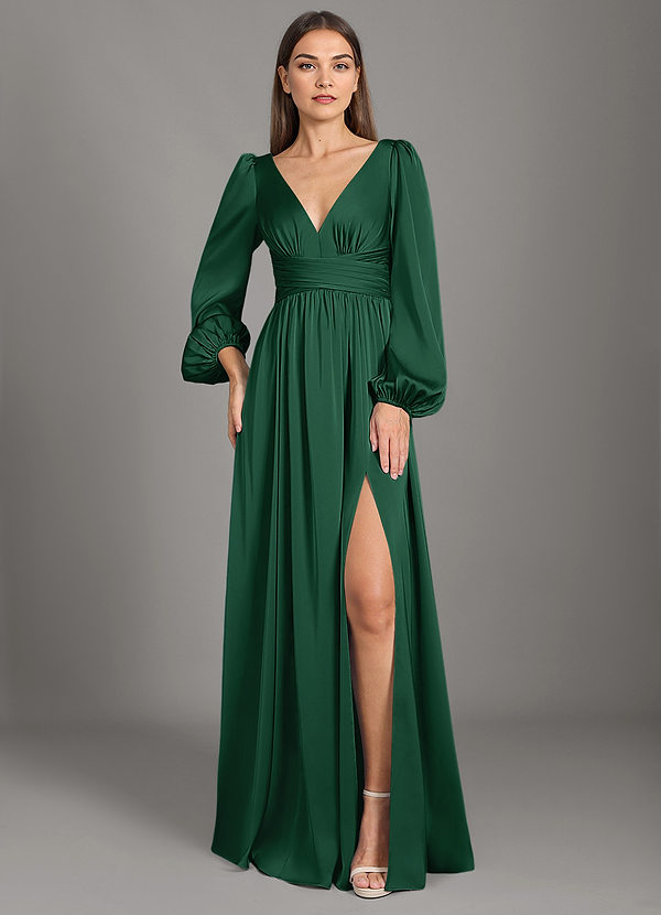 Azazie Norah Bridesmaid Dresses Abito A-Line in Raso Elasticizzato Verde Scuro image1