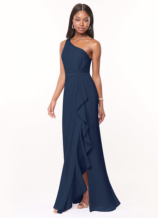 Azazie Liza Bridesmaid Dresses Dark Navy Mermaid One Shoulder Chiffon Dress image1