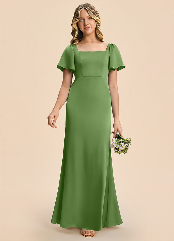 Azazie Chace Junior Basil Sheath Stretch Satin Dress image1