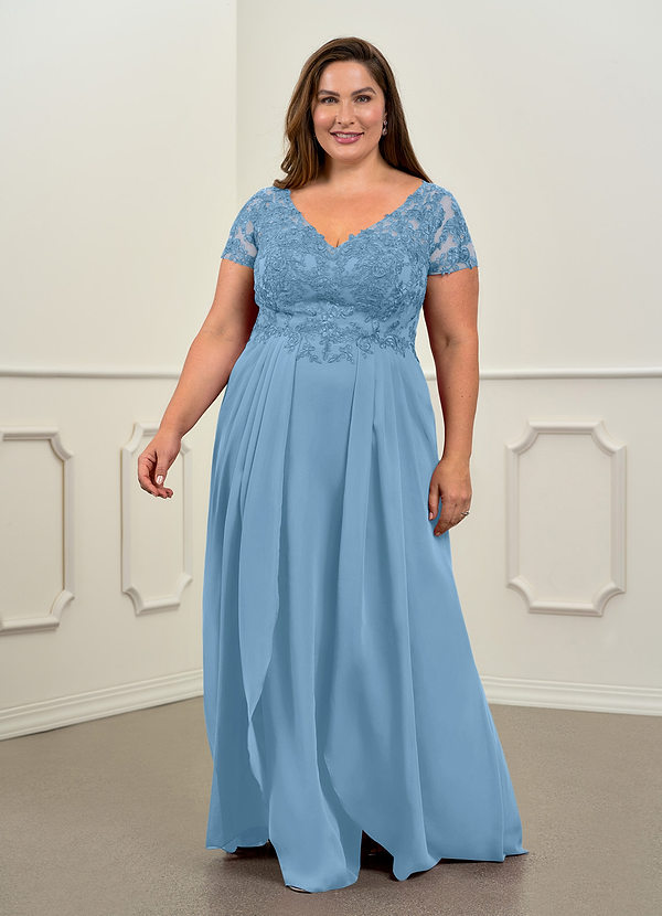 Azazie Dunja Mother of the Brides Dresses Steel Blue A-Line V-Neck Lace Chiffon Dress image1