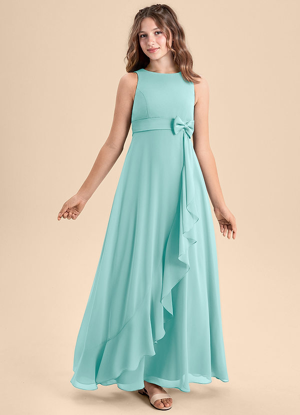 Azazie Lilenne Junior Aqua A-Line Bow Chiffon Dress image1